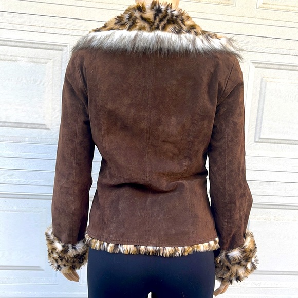 Guess Brown Leather Jacket with Animal Print Trim - Picture 5 of 12